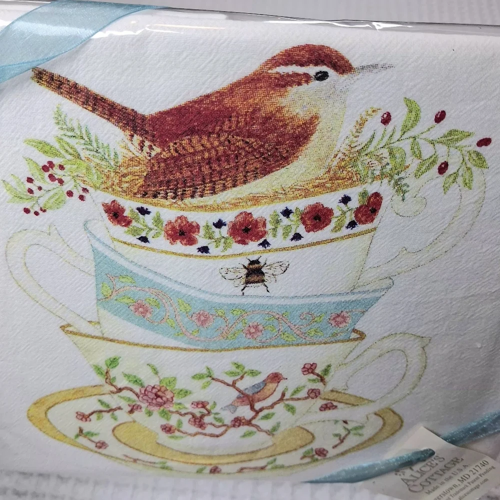 NWT Alice's Cottage Flour Sack Towels 24x36 Set Of 2 Stacked Teacups w/Wren